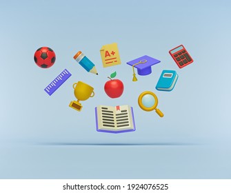 School And Education Related Objects floating on pastel blue background. minimal assorted accessories. 3d rendering - Powered by Shutterstock