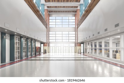 School Entrance With High Ceiling Lobby. 3d Illustration