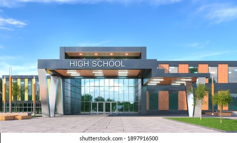 School Fasade Exterior. 3d Illustration