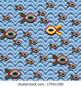 School Of Fishes Under Water With One Fish Swimming Against The Current, Illustration