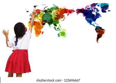  school girl painting watercolor world map on a white wall, isolated on white background