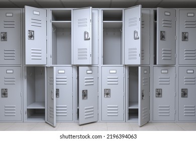 School Or Gym Locker Room With Open And Closed Doors. 3d Illustration