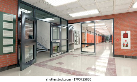 School Hall And Corridor Interior. 3d Illustration