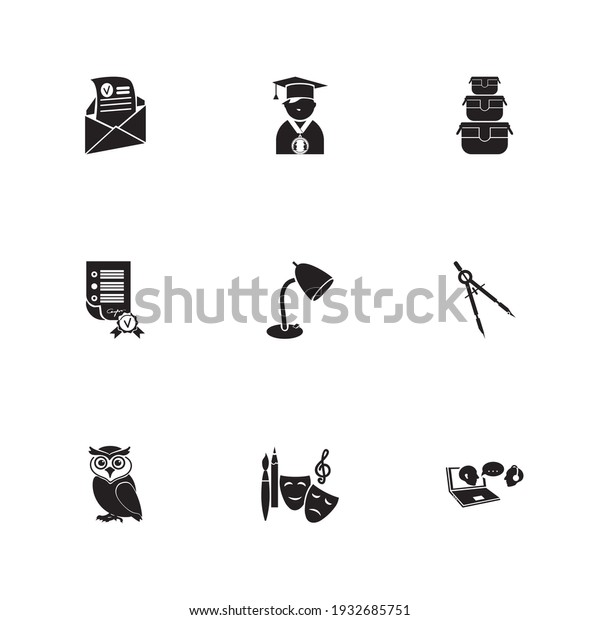 School icon set and desk lamp with owl, food\
container and admission letter. Divider related school icon for web\
UI logo design.