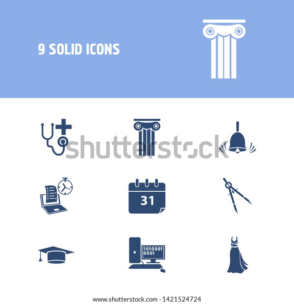 School icon set and prom dress with medicine,\
informatics and online test. Column related school icon  for web UI\
logo design.