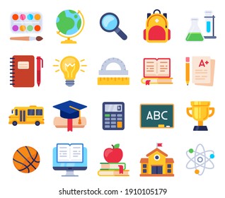 School Icons. Education Process Students Elementary Study, Pupil, Note, Pencil And Book. Computer, Ruler, School Building  Set. Illustration Education School, Pencil And Blackboard