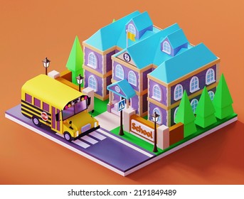 School isometric composition including school bus. 3D illustration