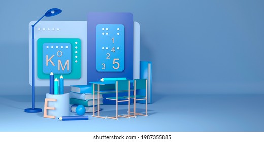 School Items On A Blue Background. Blackboard, Desk, Pencils, Lamp, Letters. Back To School. Cartoon Style. 3d Illustration.