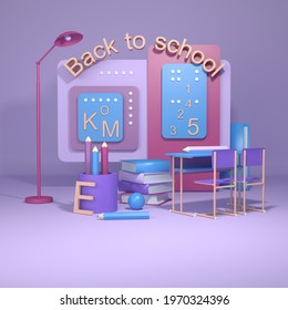 School Items On A Pink Background. Blackboard, Books, Desk, Pencils, Lamp, Letters. Back To School. Cartoon Style. 3d Illustration.