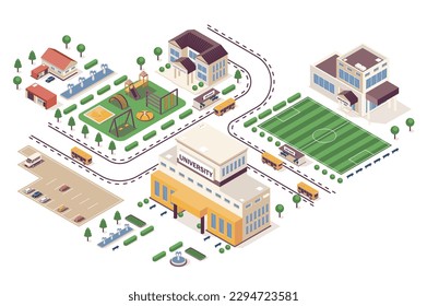 School learning concept 3d isometric web infographic workflow process. Infrastructure map with kindergarten, university, buildings, playground court. Illustration in isometry graphic design