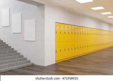 School lobby interior with row of yellow lockers, posters on wall and stairs.  Fitness Gym. Concept of education. 3d rendering. Mock up