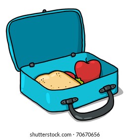 School Lunch Box Illustration; Open Lunchbox With Sandwich And An Apple