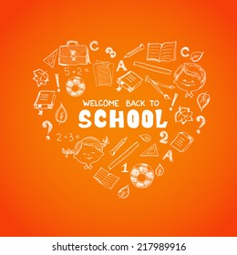 School Objects In The Shape Of Heart. Back To School Design Concept. Included Symbols: Notebook, Ruler, Book, Football, Question Mark Etc.