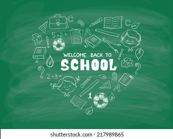 School Objects In The Shape Of Heart. Blackboard And Chalk Style. Back To School Design Concept. Included Symbols: Notebook, Ruler, Book, Football, Question Mark Etc.