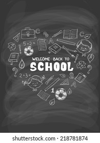 School Objects In The Shape Of Heart. Blackboard And Chalk Style. Back To School Design Concept. Included Symbols: Notebook, Ruler, Book, Football, Question Mark Etc.