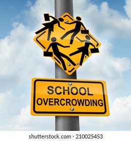 School Overcrowding And Classroom Problems Concept As A  Crossing Traffic Sign With Overcrowded Students Bursting Out Of The Seams As A Symbol Of Public Education Budget  Crisis And Lack Of Teachers.