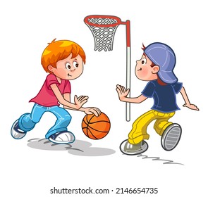 School. Schoolyard. Children In The School Yard. Kids Are Playing. Basketball Playground. Boys Playing Basketball. Red-haired Boy With A Ball. A Boy In A Baseball Cap. Children On The Move.