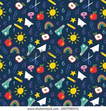 School seamless pattern, Back to school background, Childrens bedroom wallpaper print, Playful stationery design, Gender neutral pattern,  Childish school background in flat style
