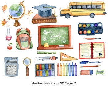 School Set. Watercolor Illustration.
