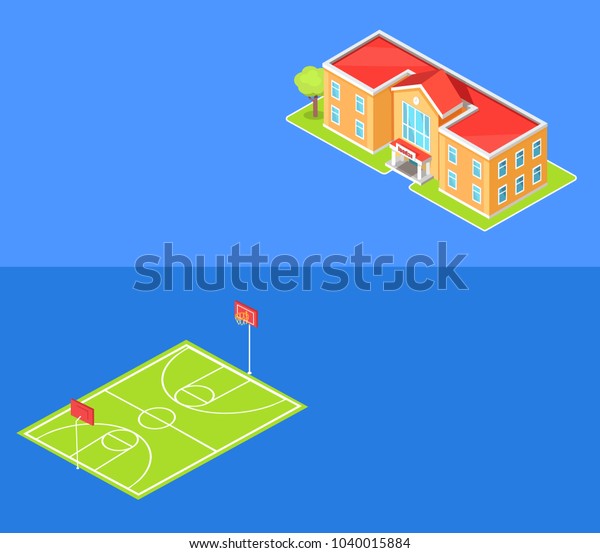 School stadium and educational establishment\
three dimensional  illustration with basketball field and building\
isolated on blue web\
posters