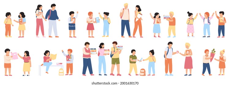 School students groups. Elementary school pupils and students with backpacks going to school together  illustration set. Pupils or students group. School elementary, schoolchild and students