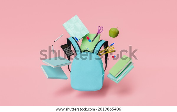 school supplies floating in the air with blue\
backpack in foreground and red pastel background. back to school\
and education concept. 3d\
rendering