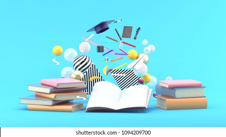 School Supplies Floating Out Of A Book Amidst Colorful Balls On A Blue Background.-3d Render.
