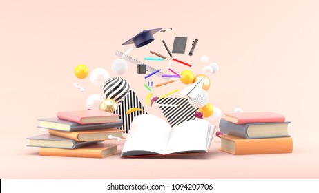 School Supplies Floating Out Of A Book Amidst Colorful Balls On A Soft Pink Background.-3d Render.
