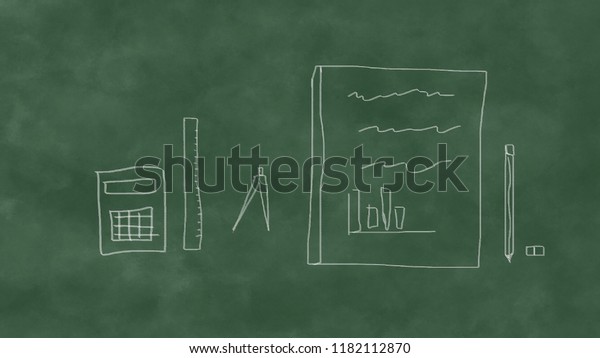 School supplies on black board background. Back\
to school concept