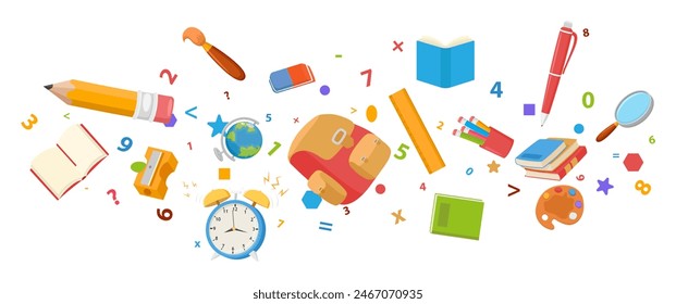 School supplies stationery cartoon set collection, school bag, pencil, books, ruler, alarm clock, pen and eraser - Powered by Shutterstock