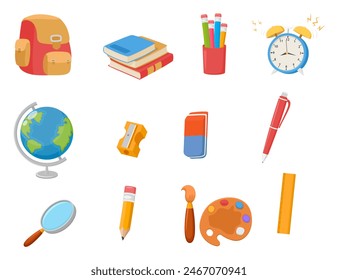 School supplies stationery cartoon set collection, school bag, pencil, books, ruler, alarm clock, pen and eraser - Powered by Shutterstock