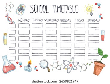 School timetable in a frame made of science objects, printable template. Watercolor illustration hand drawn, cartoon. School, schedule, lessons, activities, planning