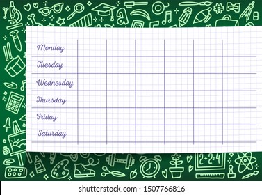 School timetable of lesson schedule template on checkered sheet. Weekly lesson plans on green chalkboard, decorated with pattern of school supplies and stationery sketches for education poster design. - Powered by Shutterstock