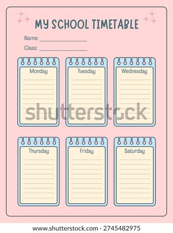 School Timetable Printable | Weekly School Schedule Template for Students

Minimal and modern “My School Timetable” printable designed for students to organize weekly school subjects and activities. Features soft pastel pink background, clean layout, and easy-to-write sections for Monday to Saturday. Perfect for elementary students, homeschool use, classroom organization, and academic planning. A4 vertical printable format.