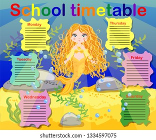 School timetable template for poster, note, book, memorypad with mermaid theme illustration.