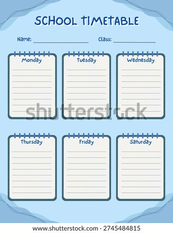School Timetable Template Printable | Weekly Class Schedule for Kids

Clean and functional school timetable template printable designed to help students plan their weekly classes and activities. Features a soft blue layout with structured notepad-style sections from Monday to Saturday. Ideal for classroom use, homeschooling, and back-to-school preparation. A4 vertical printable format, simple and easy to write.