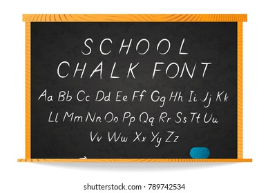 School white chalk hand-drawn cursive font on chalkboard in wooden frame isolated on white