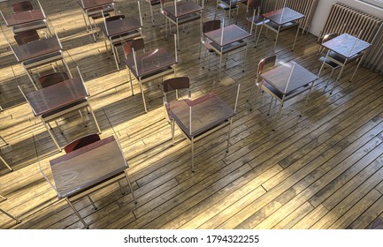 School With Wooden Desks And Plexiglass Screen That Acts As A Preventive Screen Against The Contagion Of The Virus. 3d Render