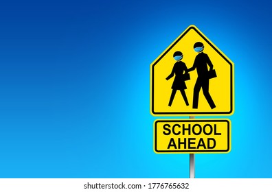 School Zone street sign with face mask wearing due to COVID-19 - Illustration - Powered by Shutterstock