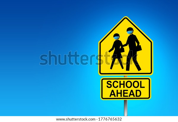 School Zone street sign with face mask\
wearing due to COVID-19 -\
Illustration