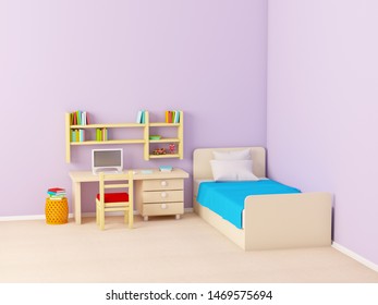 schoolboy room with a bed and a study desk. 3d illustration - Shutterstock ID 1469575694