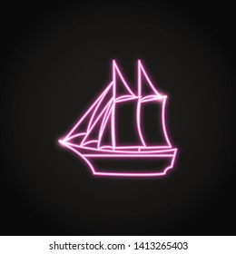 Schooner Icon In Glowing Neon Style. Sea Transport Illustration. Sailing Ship Symbol.