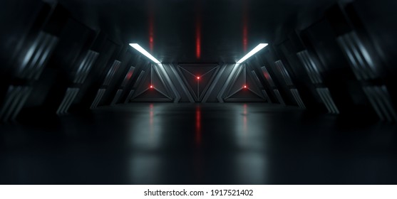 Sci Fi Alien Spaceship Tunnel Corridor Glowing Red White Cinematic Lights Shallow Focus Metal Construction Triangle Door Futuristic Background 3D Rendering Illustration