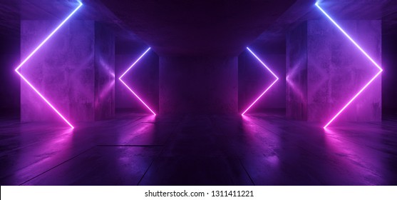 Sci Fi Arrows Shaped Neon Cyber Futuristic Modern Retro Alien Dance Club Glowing Purple Pink Blue Lights In Dark Empty Grunge Concrete Reflective Room Corridor Background 3D Rendering Illustration