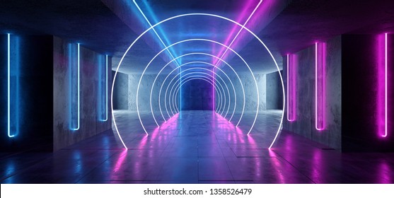 Sci Fi Cirlce Track Path Neon Cyber Futuristic Modern Retro Alien Dance Club Glowing Purple Pink Blue Lights In Dark Empty Grunge Concrete Reflective Room Corridor Background 3D Rendering Illustration