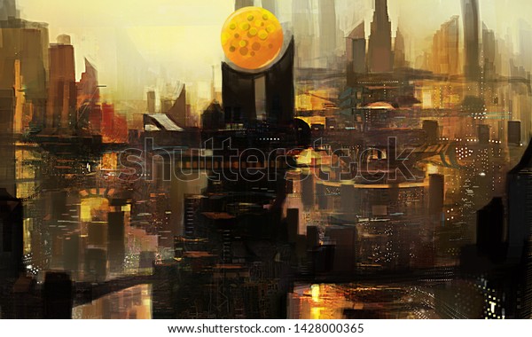 Sci Fi City Drawing Gold City Stock Illustration 1428000365