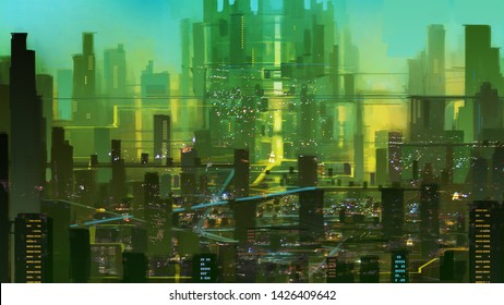 Sci Fi City Green Skyline Alien