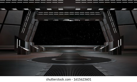 sci fi  corridor with view of space galaxy 3d rendering