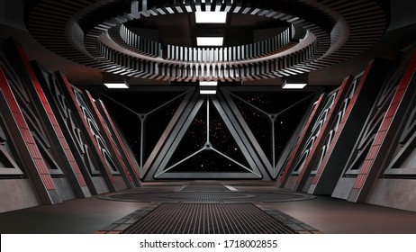 Sci Fi  Corridor With View Of Space Galaxy 3d Rendering