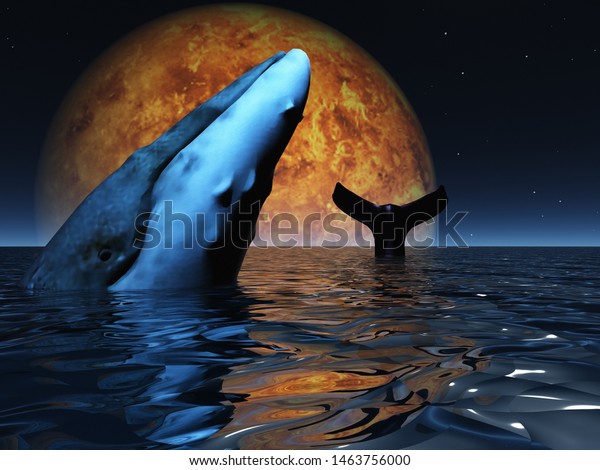 Sci fi digital art. Whale in exoplanet ocean.
3D rendering